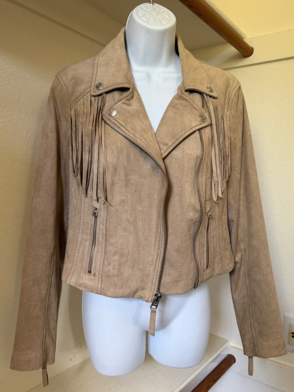 Abercrombie & Fitch Faux Suede Fringe Moto Jacket Tan 🧥 L
